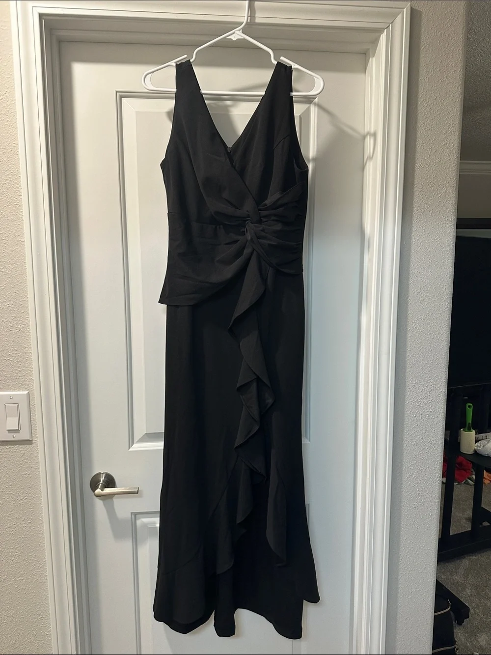 Black Sleeveless V-Neck Ruffle Front Evening Dress